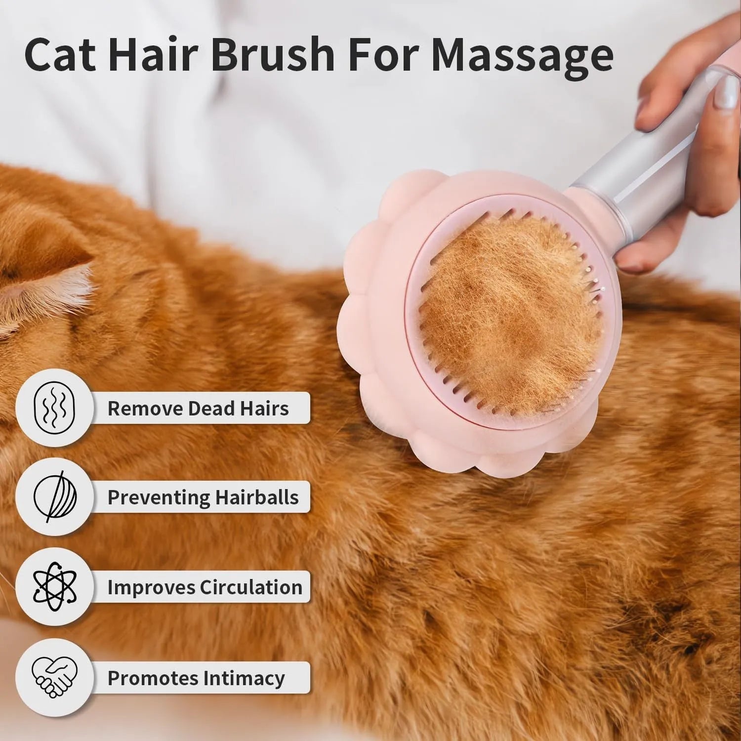 Grey spray cat brush with self-cleaning button and stainless steel bristles on a white background.