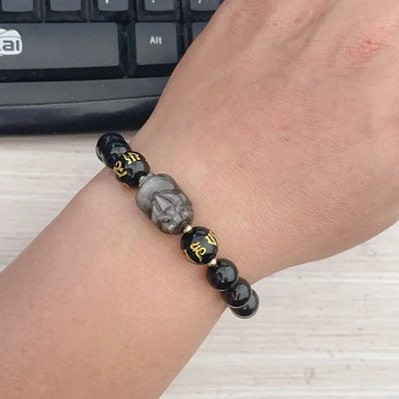 Natural silverstone men's bracelet with zodiac symbols and proverb beads in Chinese style design