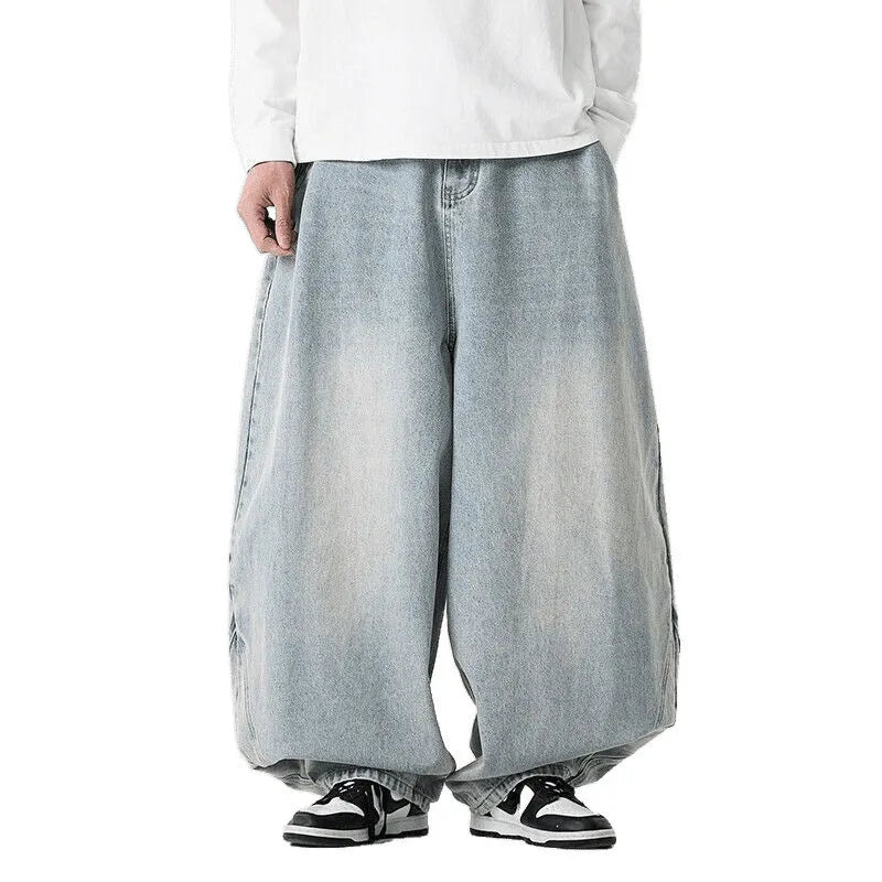 Men's plus size wide leg cotton denim jeans in three colour options with straight leg opening