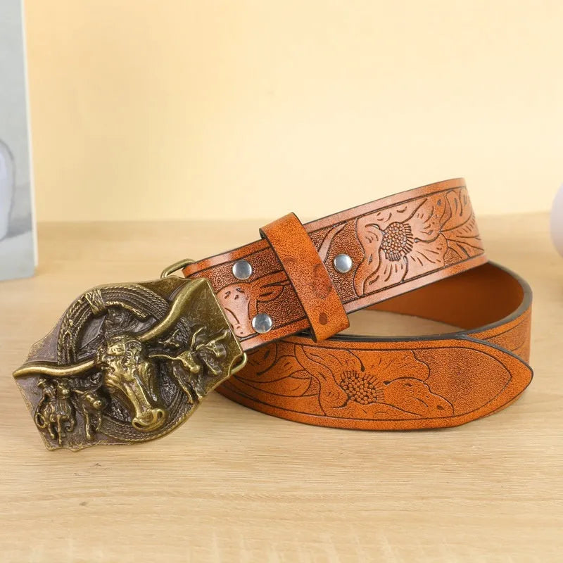 Men's black imitation leather belt with a detailed silver alloy cow head buckle and pin buckle fastening.