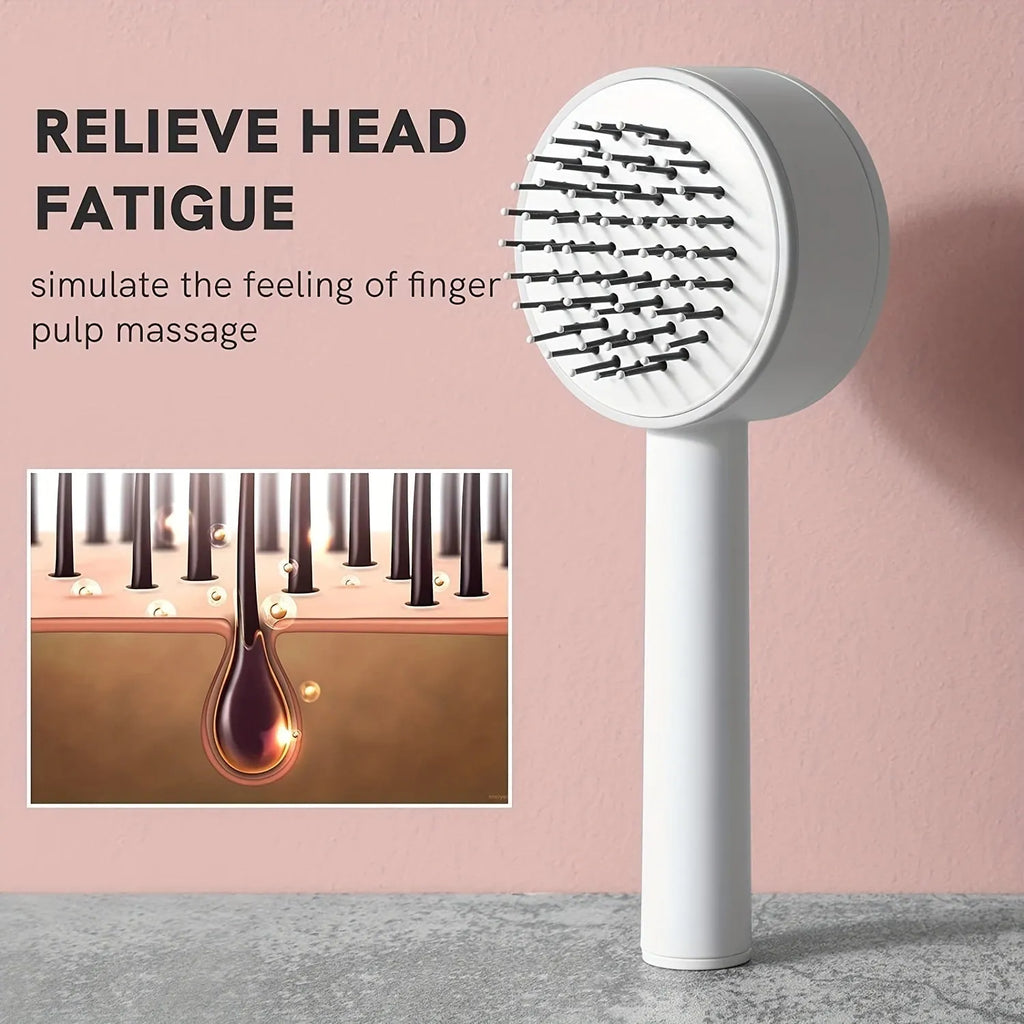 One-key self-cleaning hair brush with 3D air cushion and round-head pins, available in green, pink and white, size 20x9cm