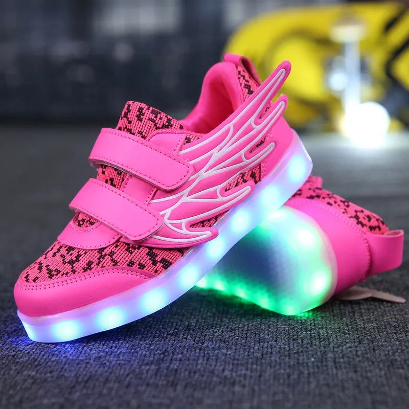 Children's plum red and white USB rechargeable LED light shoes with hidden colour switch