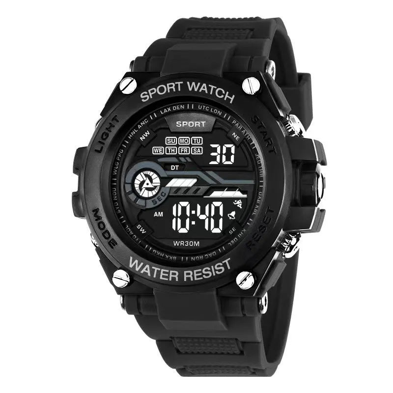 Digital electronic watch for teenagers and students showing LED display and colour options