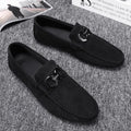 Men's black and grey suede casual shoes with rubber soles showing breathable summer design
