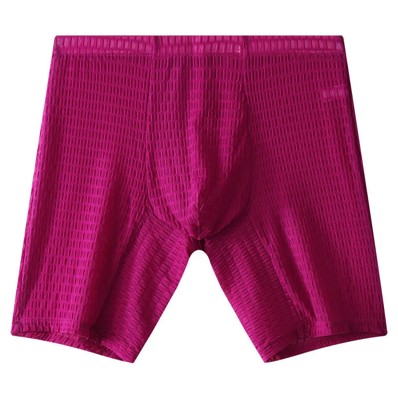 Men's white lace boxer shorts with a mid-waist and lengthened cut on a neutral background.