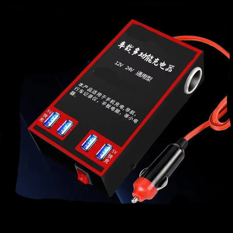 Black automotive power converter with UK socket and USB ports for vehicle charging
