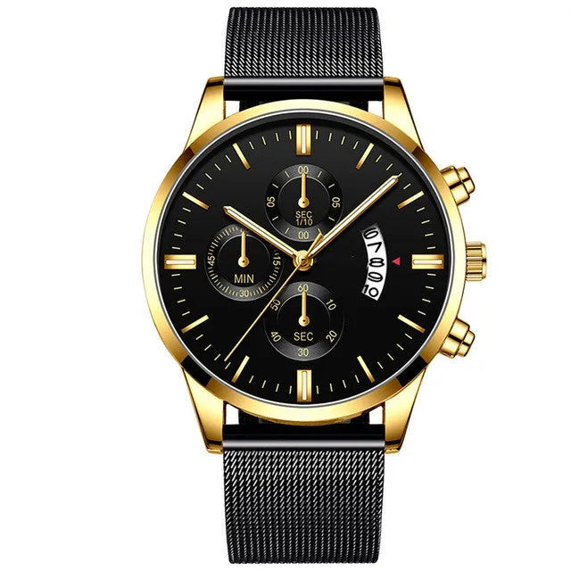 Men's stainless steel quartz watch with mesh band and two-tone case on wrist