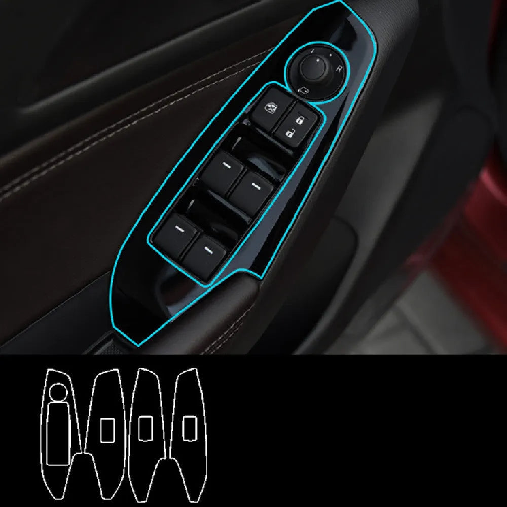 Four TPU protective films for 14-19 US/Canadian car dashboard door control panels in transparent and carbon fibre black