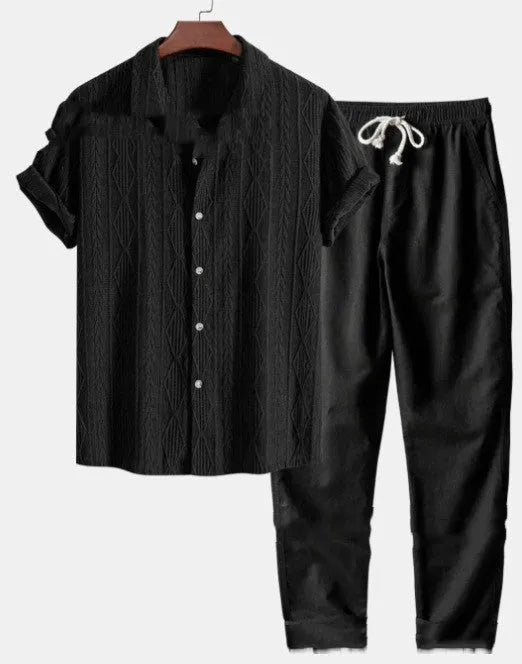 Men's loose short sleeve shirt and trousers suit in milk silk fabric for summer leisure wear