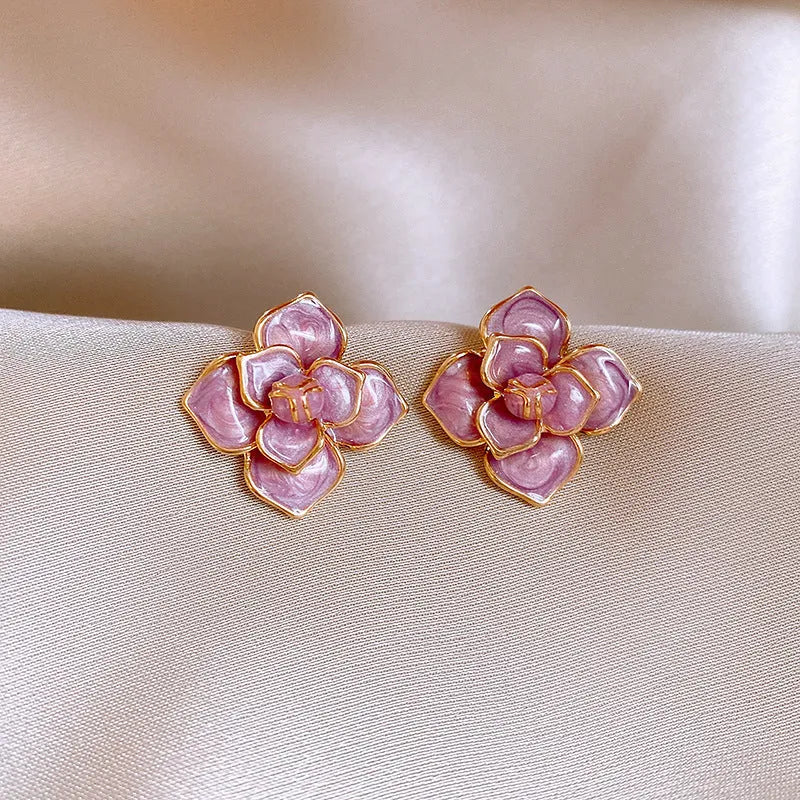 Purple oil-spot glaze flower stud earrings with gold-plated silver needle detailing on copper base