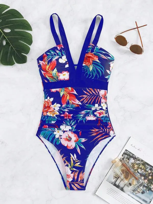 Women's floral one-piece swimsuit in polyester and spandex material