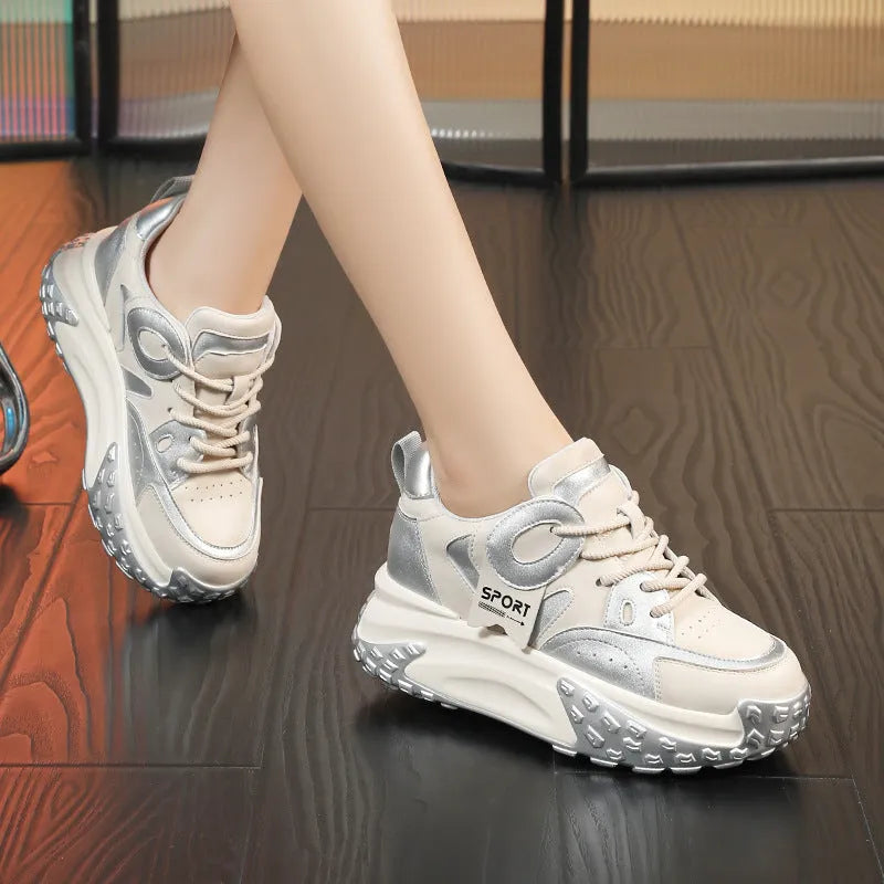 Leather sports casual shoes with thick rubber soles and wedge heel in four colour options