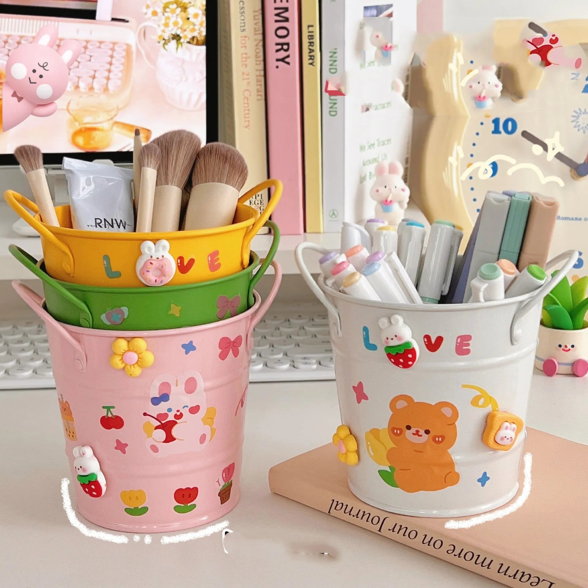 Round metal pen holder for desktop organisation available in multiple colours