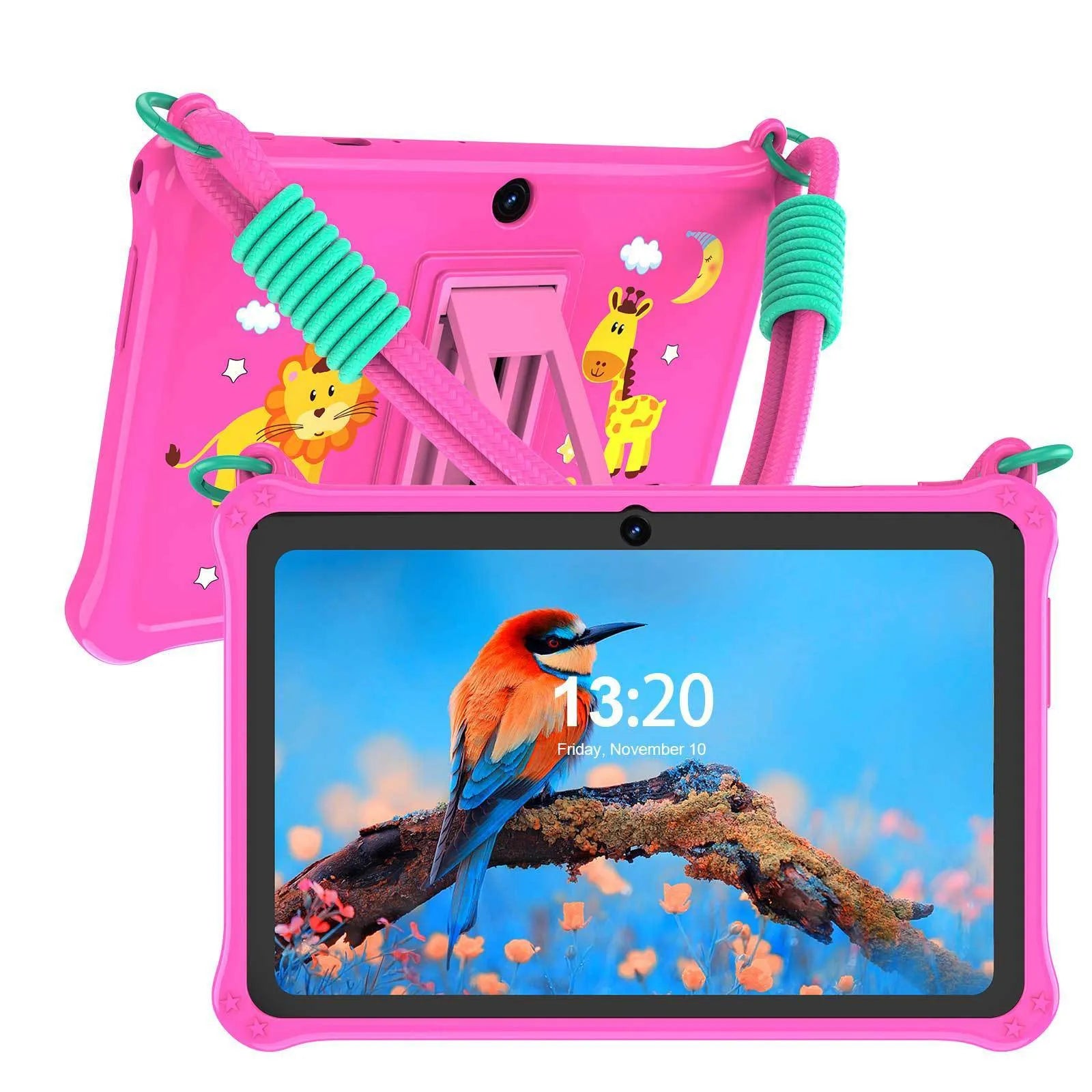 7-inch children's tablet in sapphire blue or dark pink silicone protective case with flat strap and GPS support