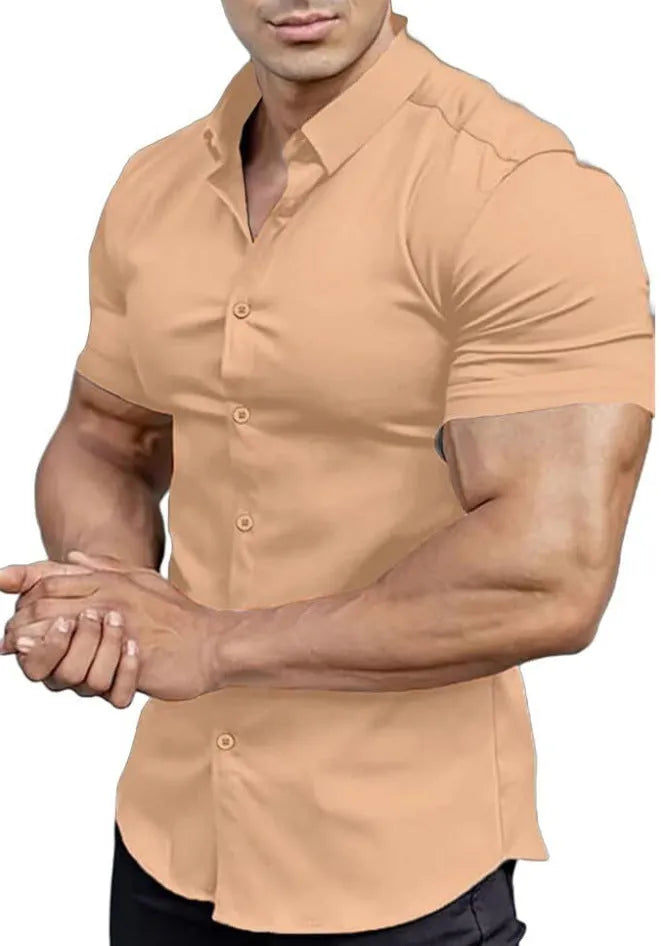 Men's casual short sleeve printed shirt with collar in cardigan style, available in multiple colours.