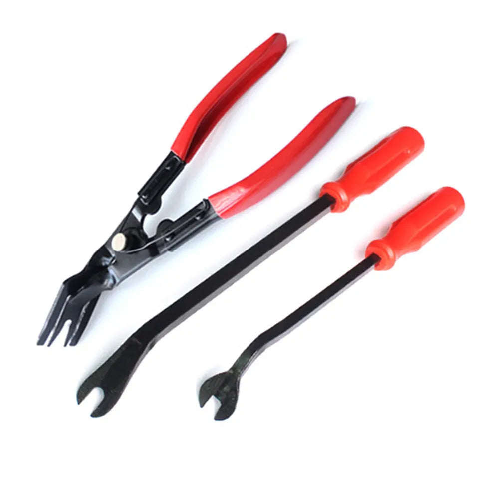 Red steel automotive door panel clip removal tool with integrated light switch pliers for General Motors vehicles.