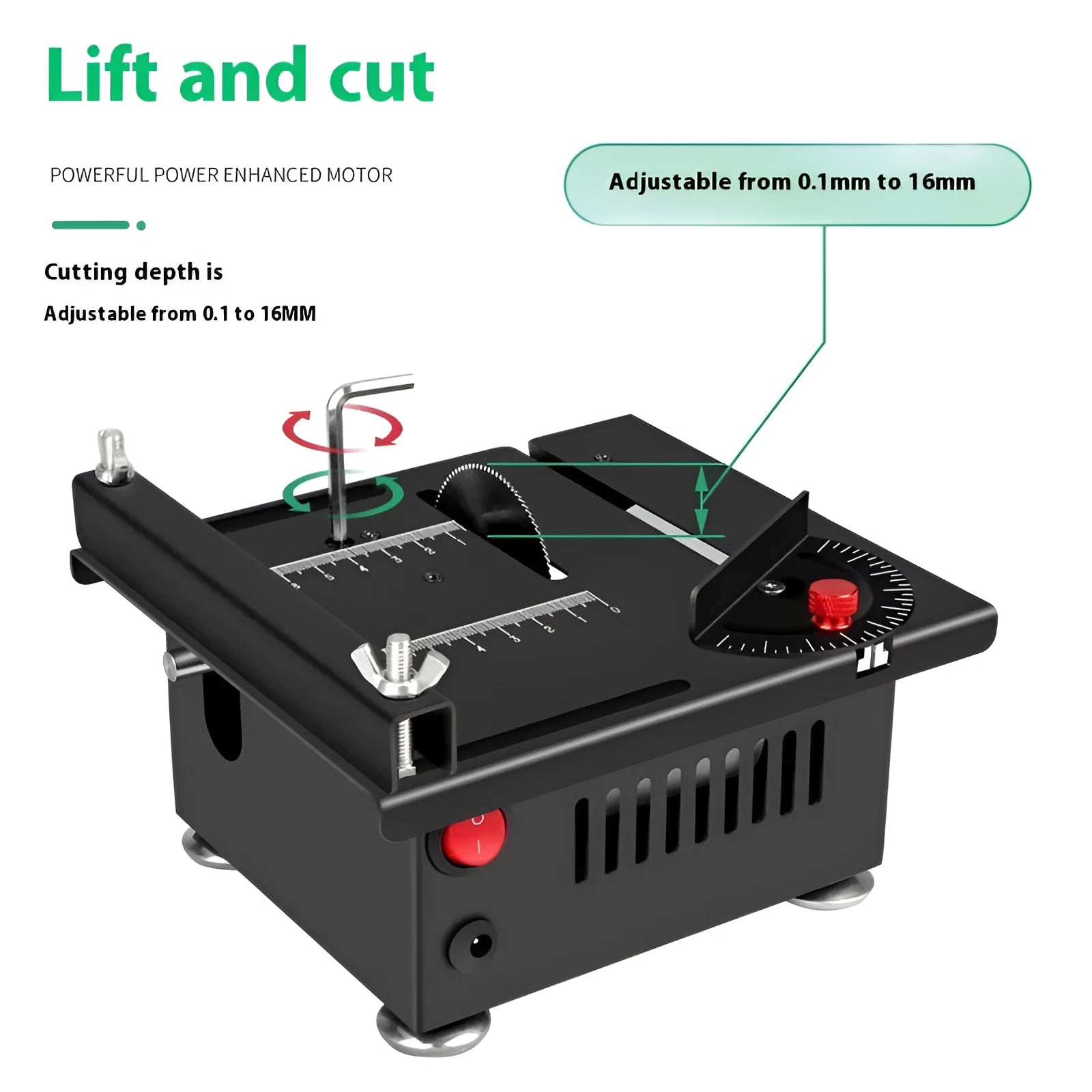 Lithium ion battery-powered metal desktop angle grinder saw on a workbench.