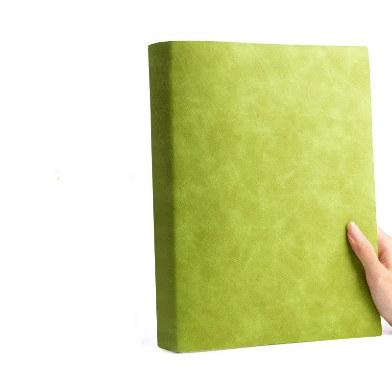 Thickened A4 soft leather notebook with imitation leather cover open to lined pages, showing ivory white paper and choice of multiple colours