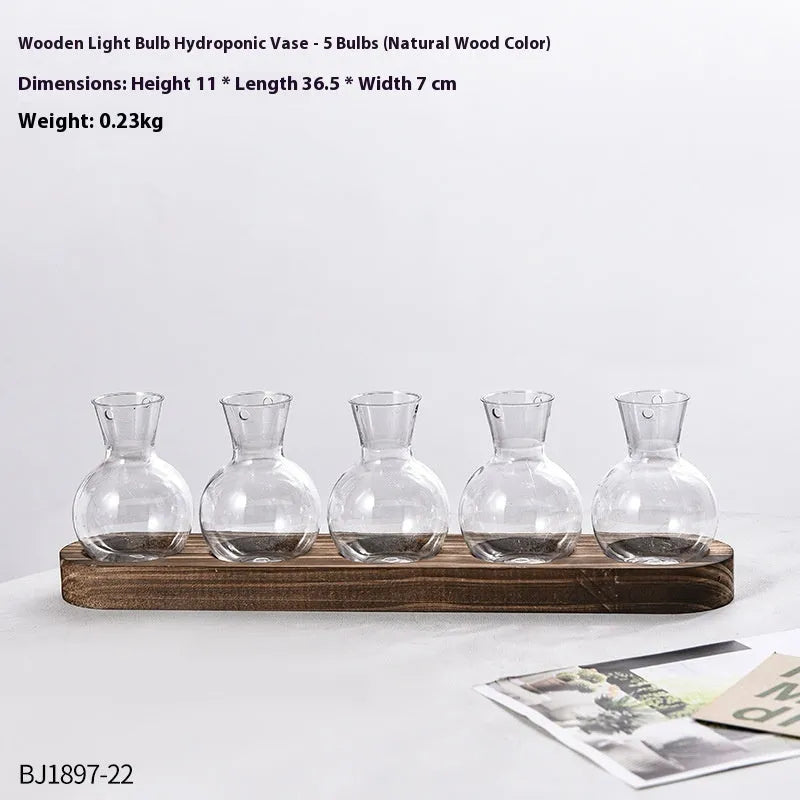 Wooden frame transparent hydroponic vase set with multiple PET glass containers in modern simplicity design