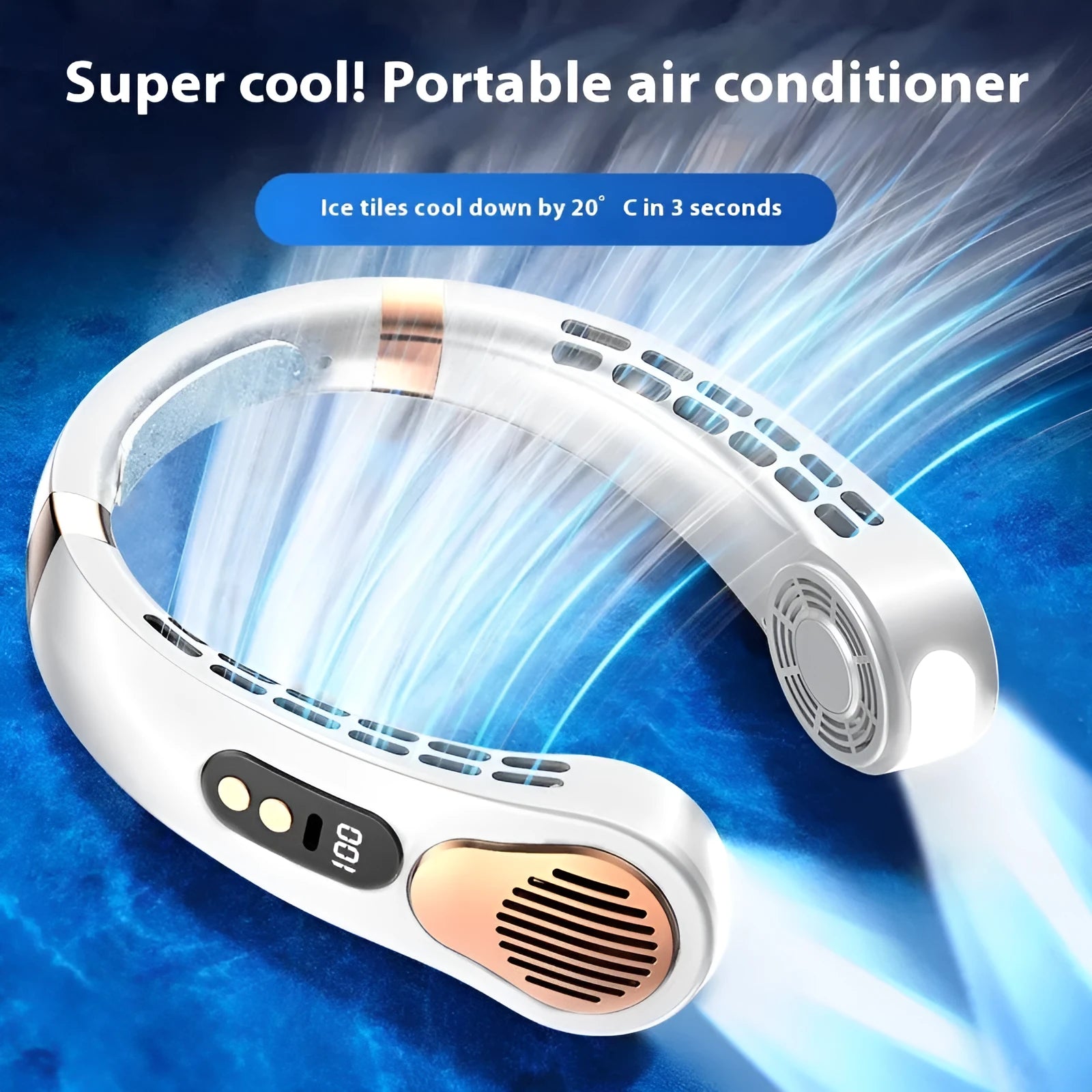 Blue leafless halter fan with digital display worn around neck showing five-speed interface