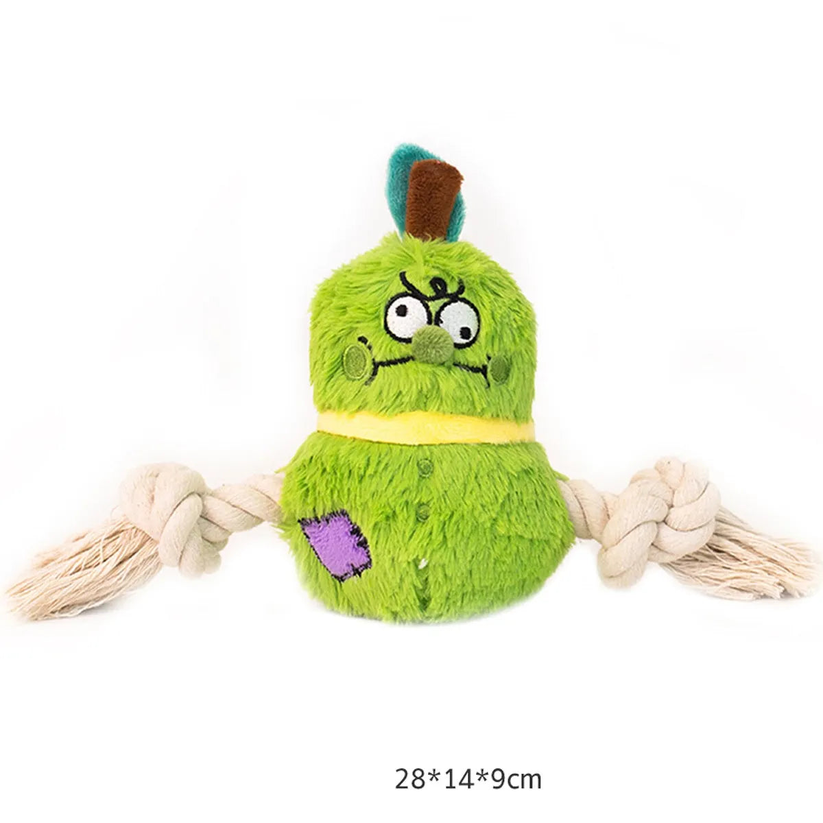 Green plush rope knot dog toy with molar tooth shape for tug-of-war games