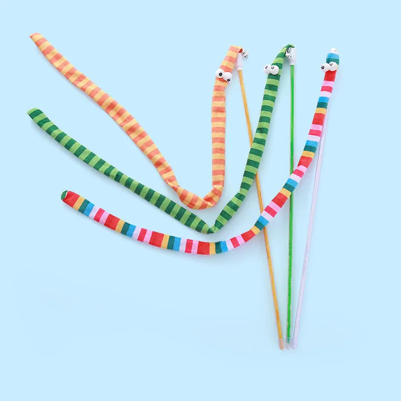 Cat wand toy with polycarbonate pole and plush strip in green, orange, and rainbow colours