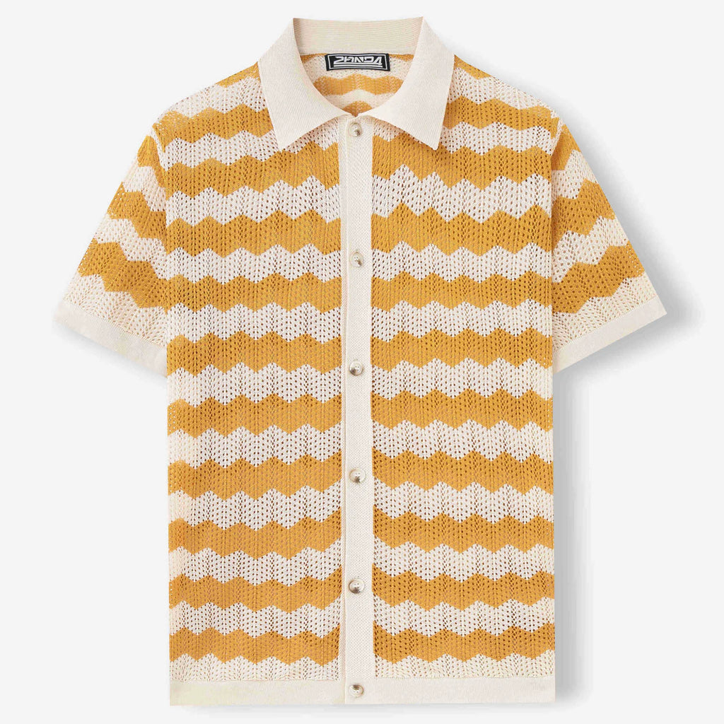 Blue hollow jacquard corrugated short-sleeved sweater with flocking detail