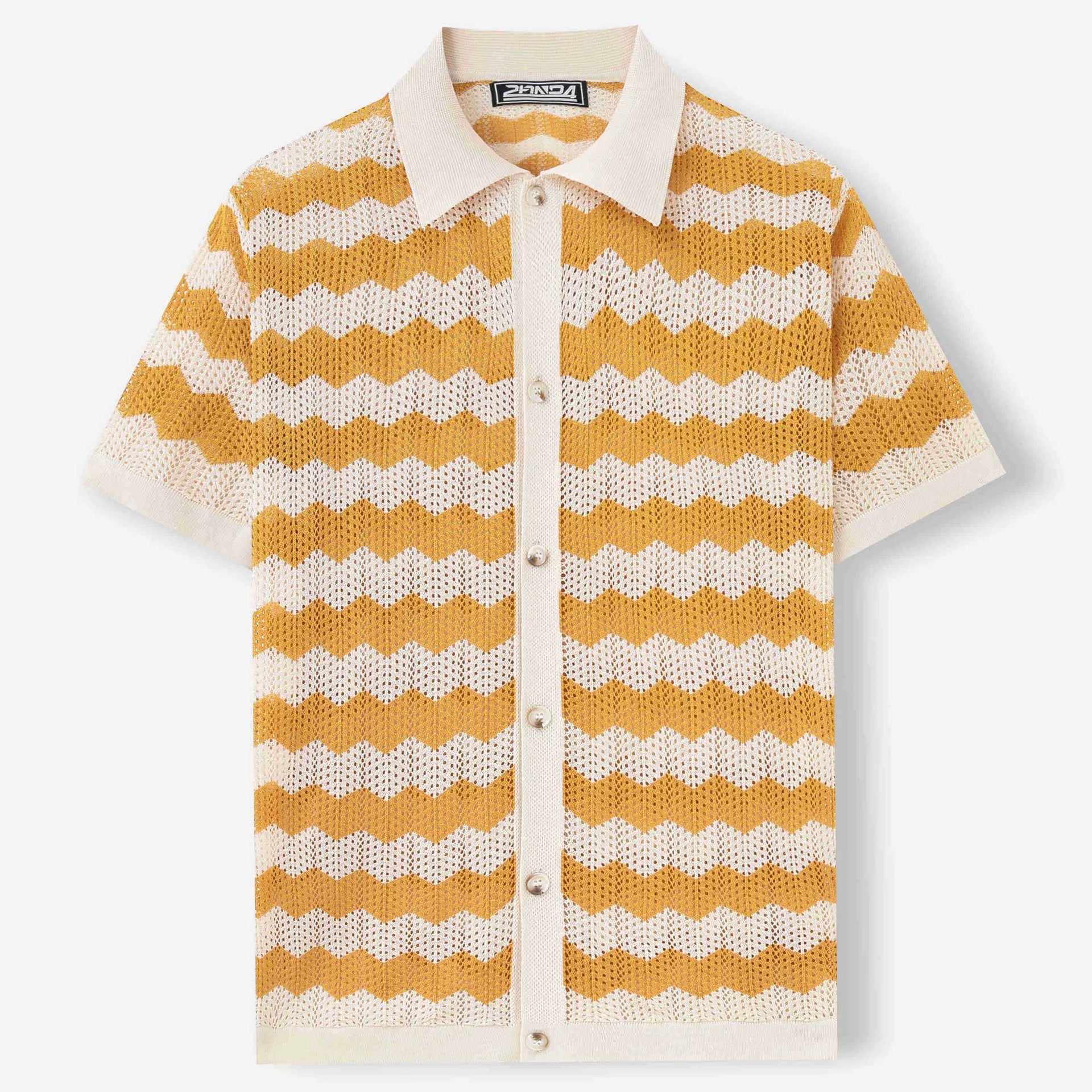 Blue hollow jacquard corrugated short-sleeved sweater with flocking detail