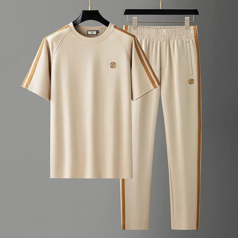 Men's ice silk style short sleeve suit set in blue colour with top and pants