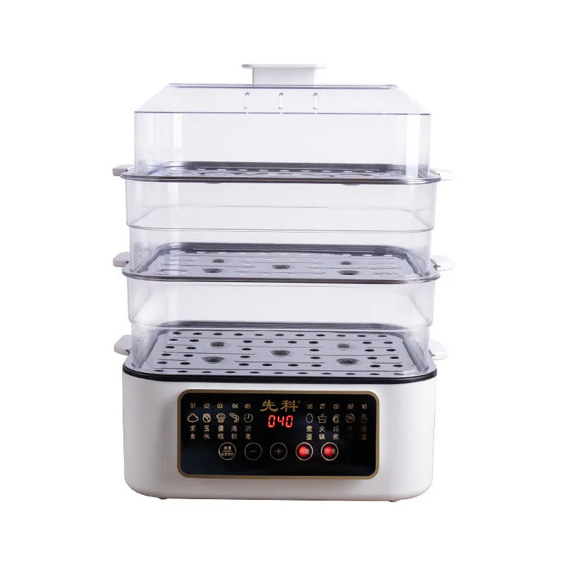 Stainless steel electric steamer kitchen appliance with 10 litre capacity and automatic measuring function