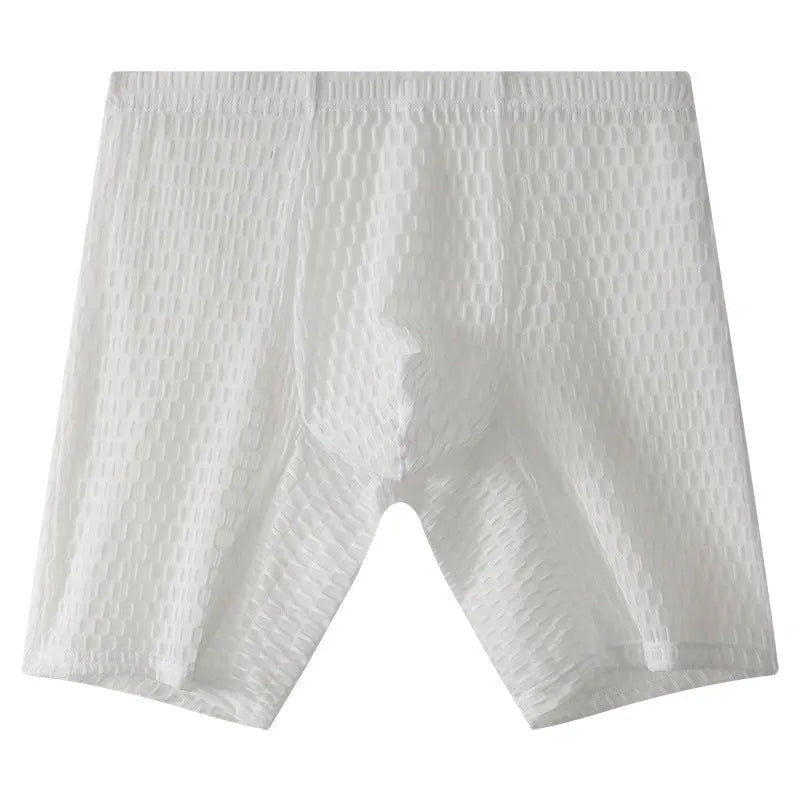 Men's white lace boxer shorts with a mid-waist and lengthened cut on a neutral background.