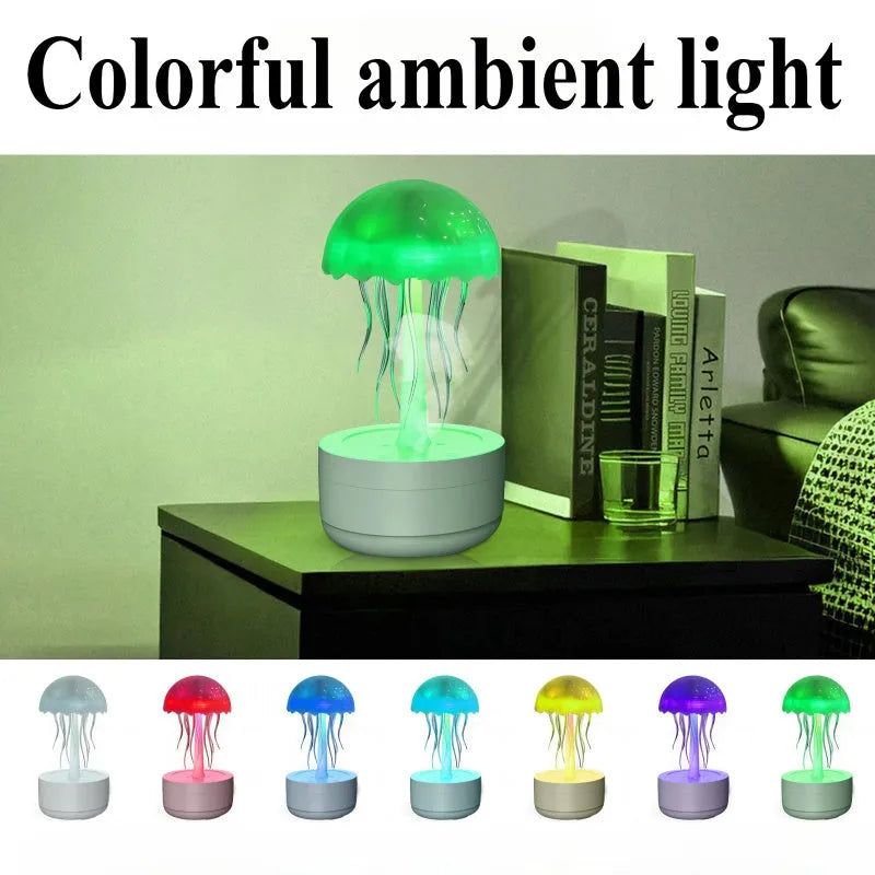 White jellyfish-shaped humidifier and essential oil diffuser with colourful LED lights on a desktop