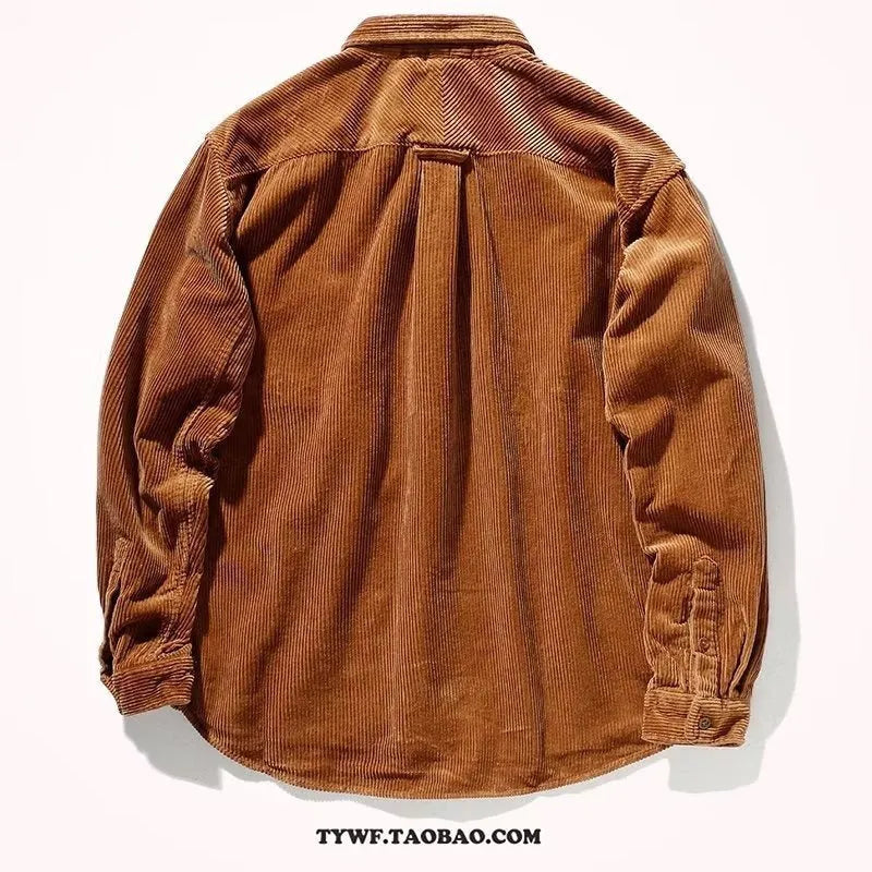 Men's loose corduroy long sleeve shirt cardigan in caramel colour with Hong Kong style fit