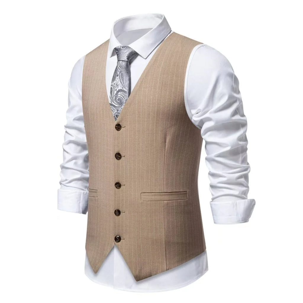 Men's striped formal suit vest with a non-iron finish on a hanger
