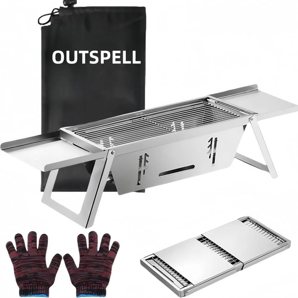 Small foldable portable charcoal grill shown in an outdoor setting.