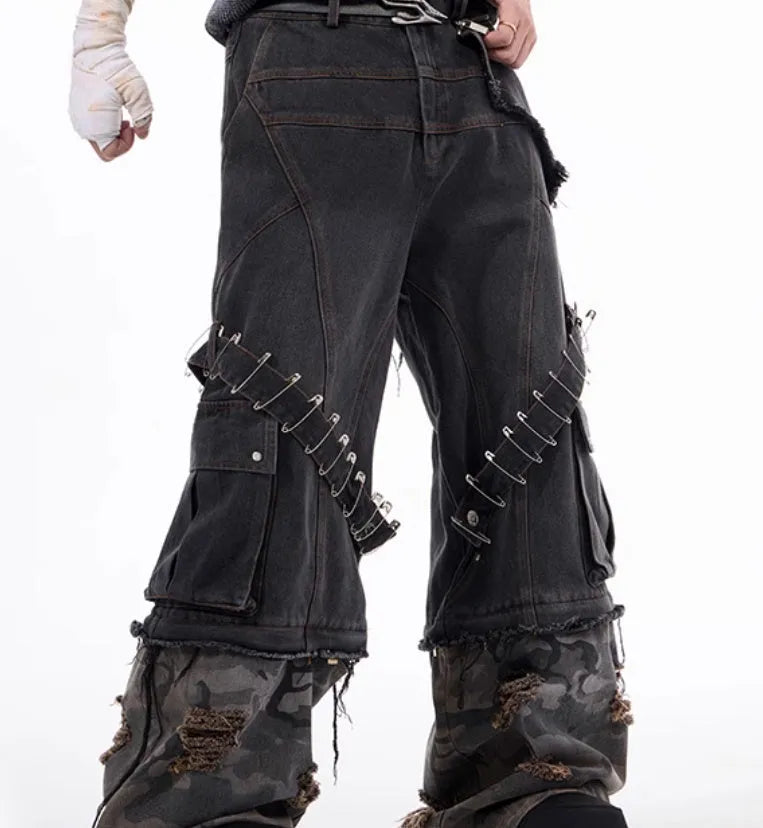 Men's grey camouflage splicing jeans with pin and ribbon structural details