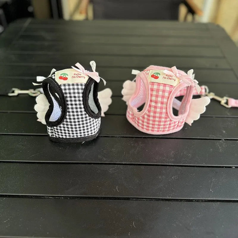 Small dog harness and lead set with chest and back attachment points in cotton material