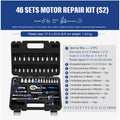 46-piece chromium vanadium steel socket ratchet set with ratchet handles in a black storage case.