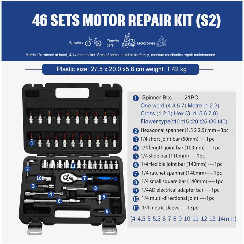 46-piece chromium vanadium steel socket ratchet set with ratchet handles in a black storage case.