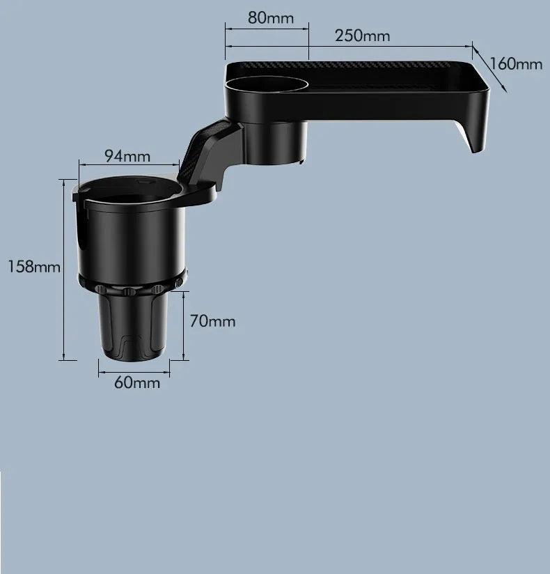 Black ABS plastic car-mounted rotating dinner tray holder installed in vehicle cup holder