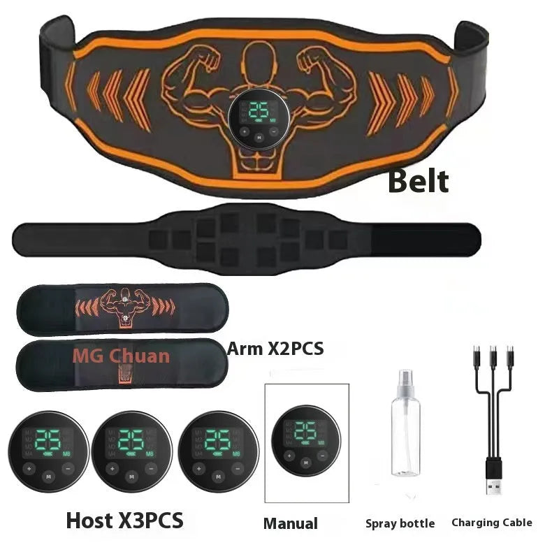 Blue and orange smart EMS massage belt set with rechargeable host and arm stickers