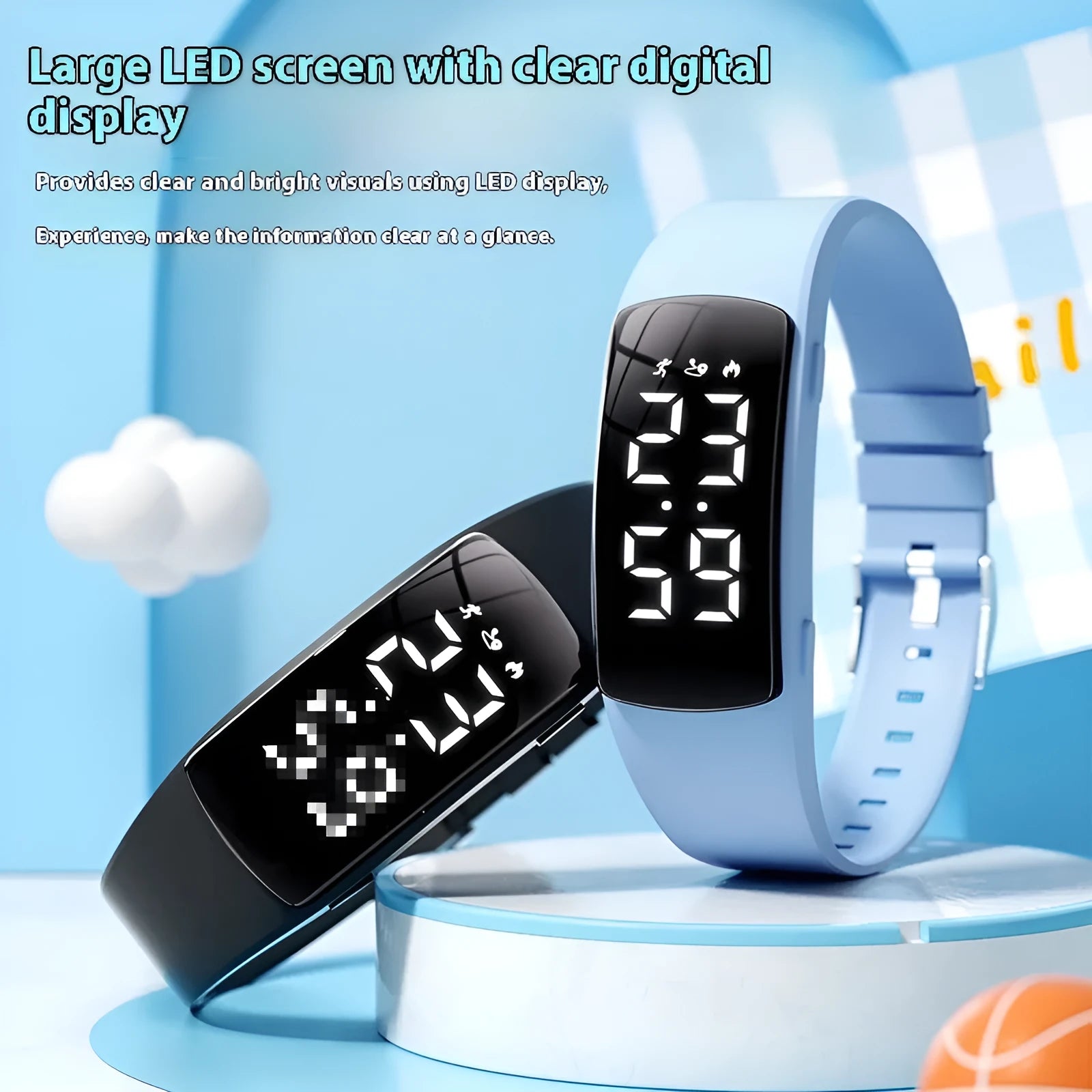 Vibration alarm waterproof electronic watch with coloured silicone strap and LED display.