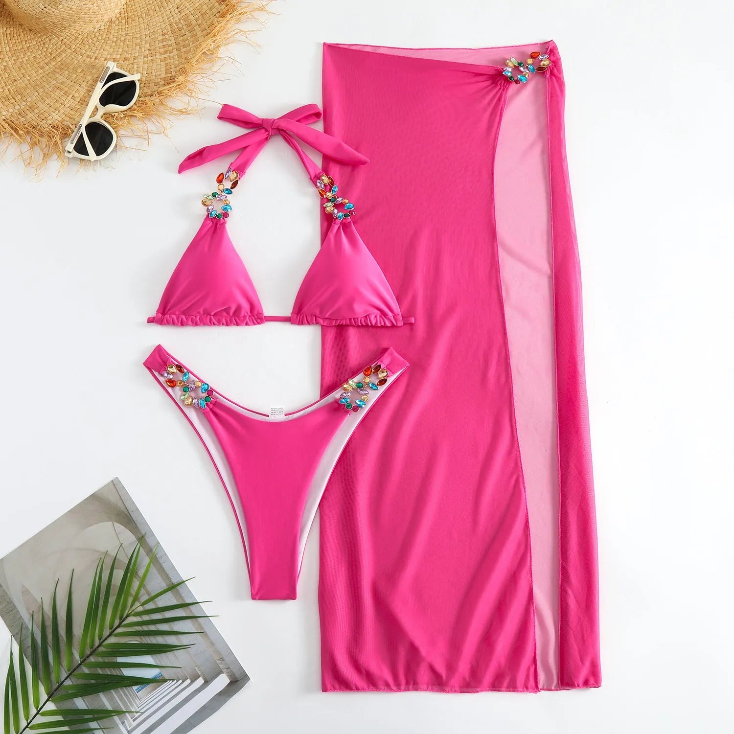 Light Diamond rose red three-piece swimsuit bikini with a long mesh skirt.