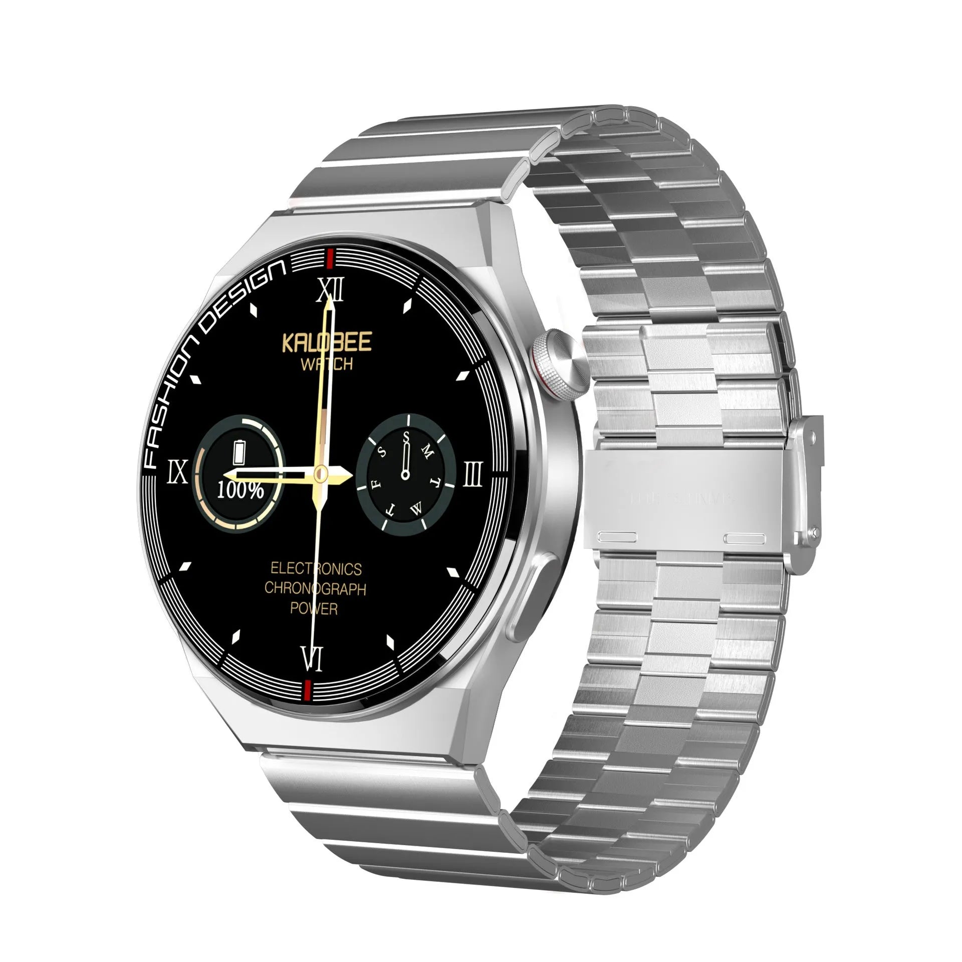 46mm smartwatch with black case and silicone strap showing health metrics on 1.28-inch screen
