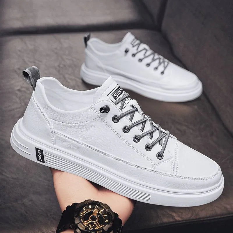 Men's casual white PU shoes with round toe and flat bottom design on size chart