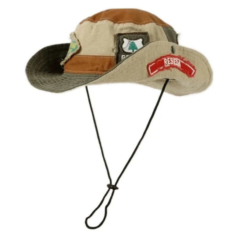 Women's army green cotton fisherman hat with patchwork design and flat top crown