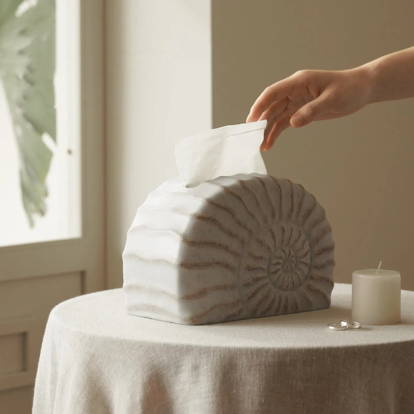 Solid resin conch-shaped tissue box cover in a natural colour on a table.
