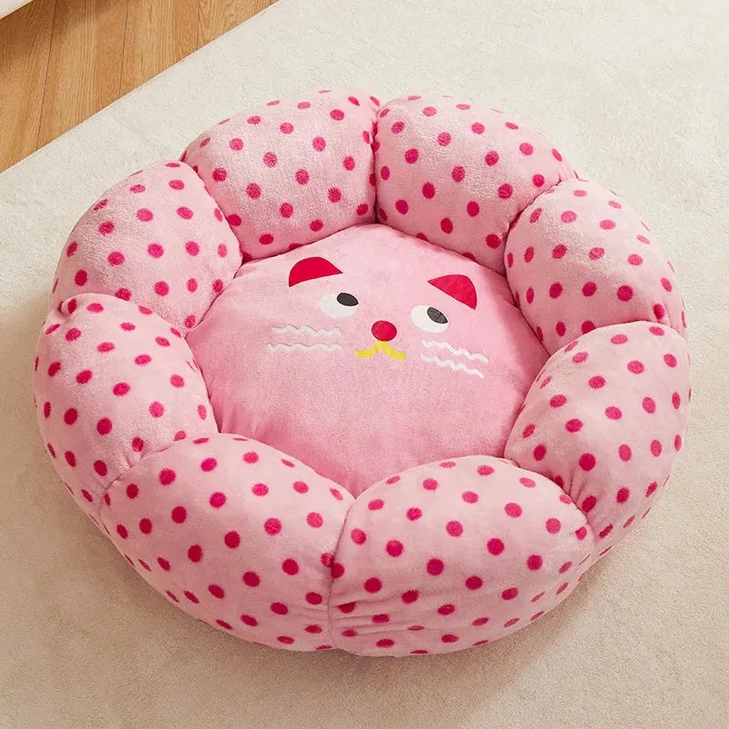Pink dotted fabric round cat bed in 45cm or 65cm diameter for pets up to 20 pounds