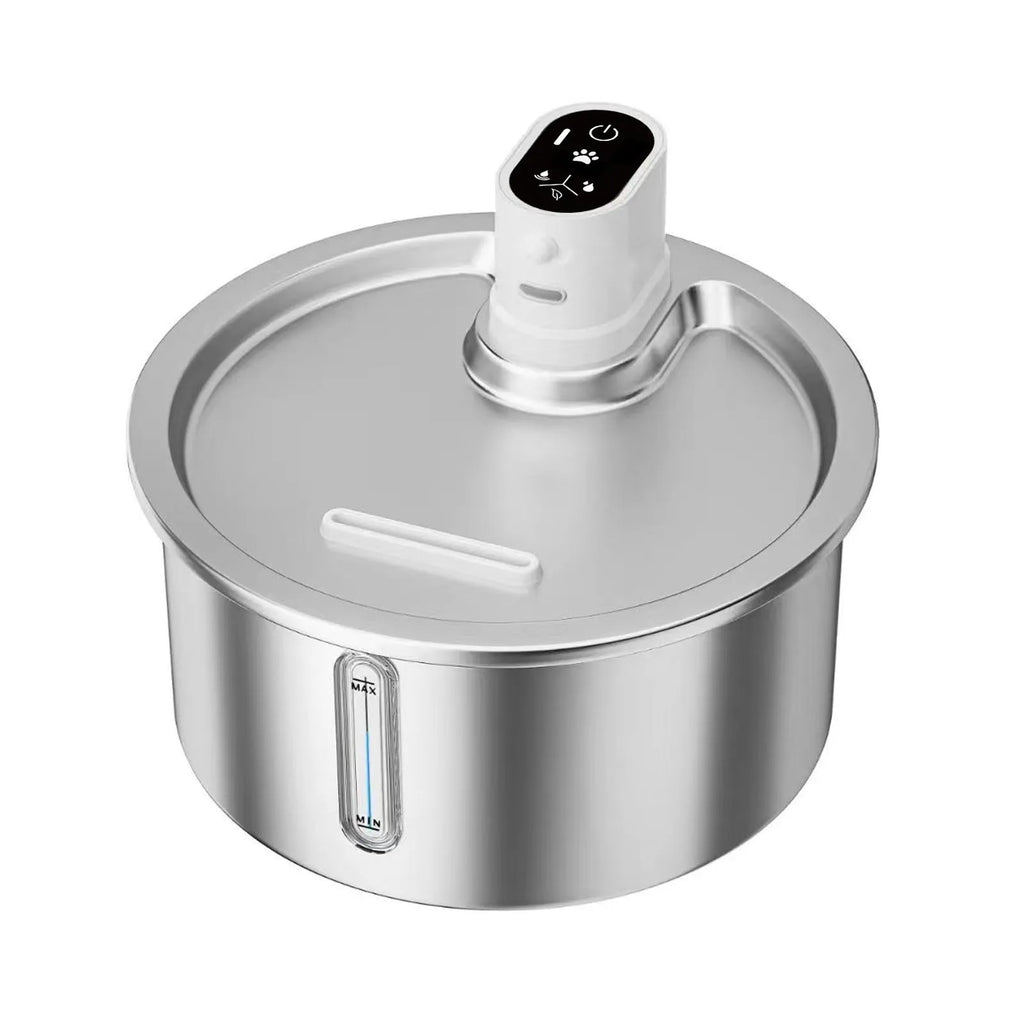 White stainless steel pet water fountain with constant temperature heating base for dogs and cats