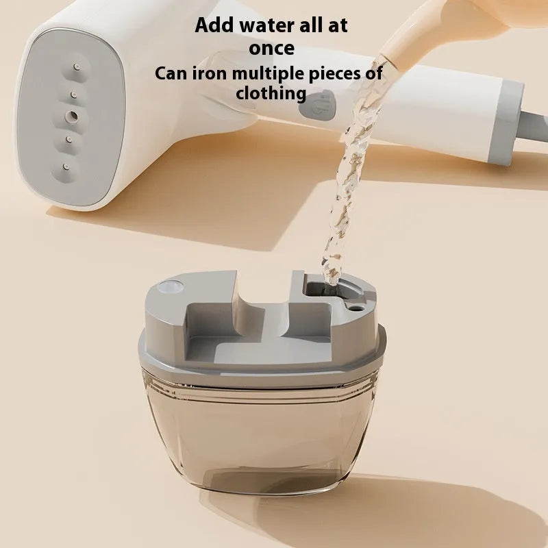 Blue and white handheld garment steamer with 1300W power and two temperature settings